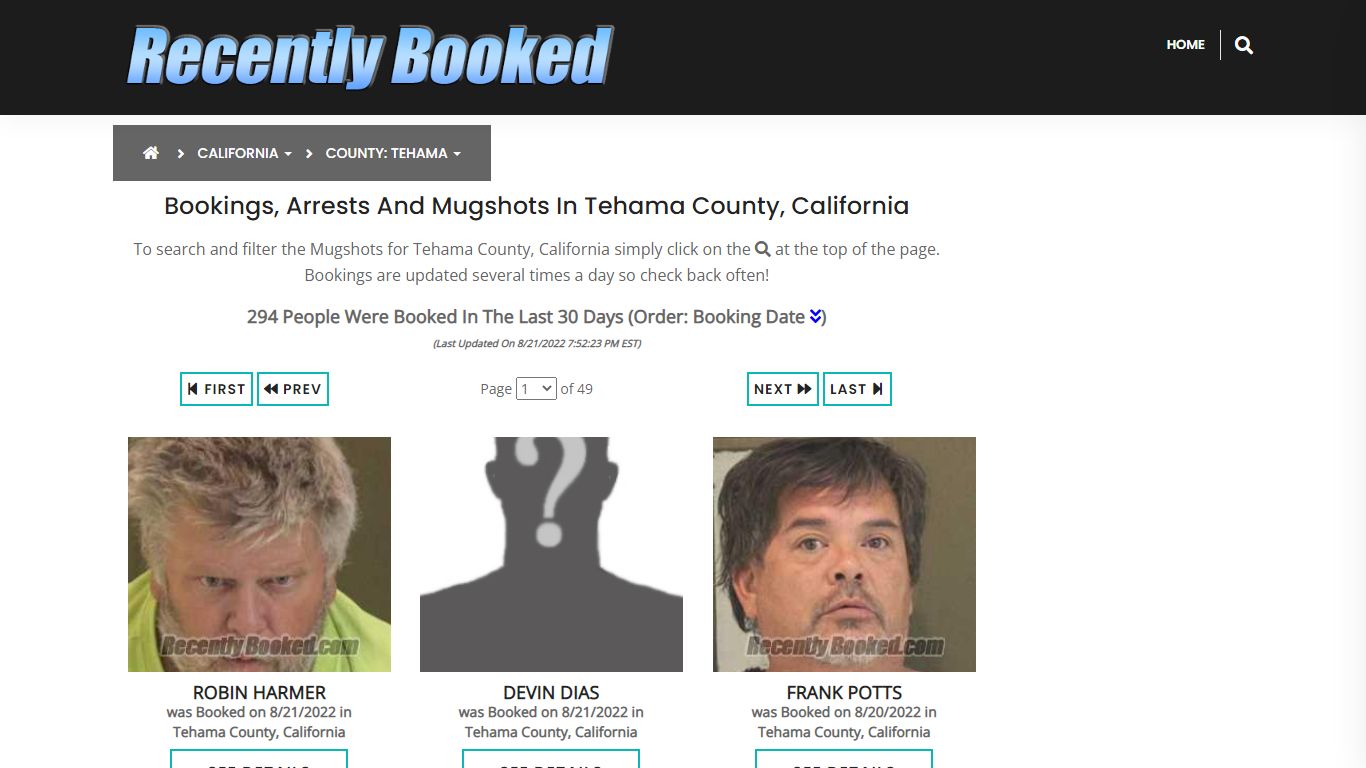 Bookings, Arrests and Mugshots in Tehama County, California